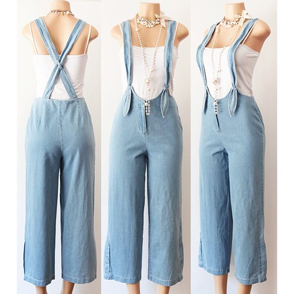 Denim Blue Cotton Wide Leg Crop Overall Jumpsuit - Picture 2 of 8